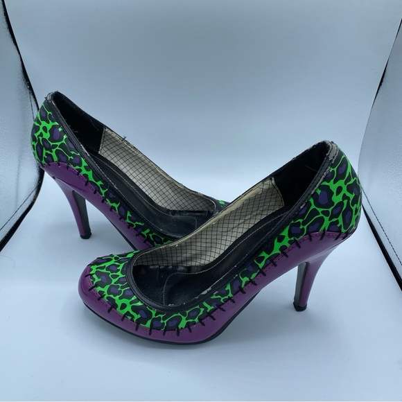 TUK T.U.K. Green & Purple Stitches Animal Print Heels Pin-up Sz 6 Halloween - Picture 1 of 11